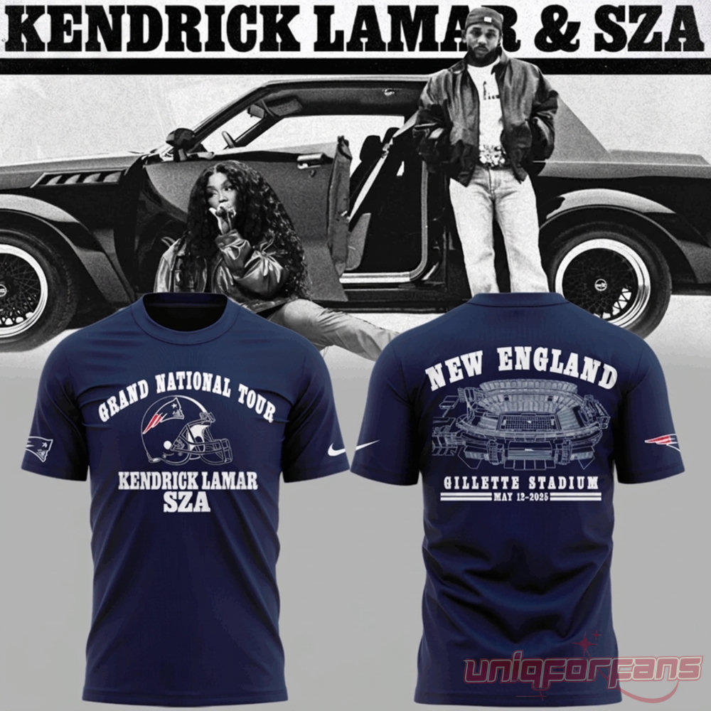 Kendrick Lamar SZA Grand National Tour T-Shirt – navy tee with Patriots helmet front and Gillette Stadium New England back
