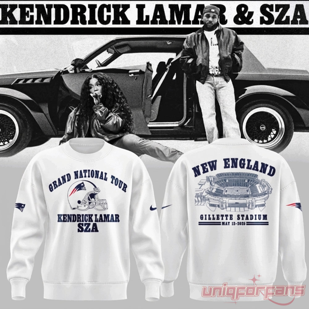 Kendrick Lamar SZA Grand National Tour Sweatshirt – white crewneck with Patriots helmet front and Gillette Stadium New England back
