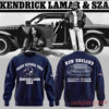 Kendrick Lamar SZA Grand National Tour Sweatshirt – navy crewneck with Patriots helmet front and Gillette Stadium New England back