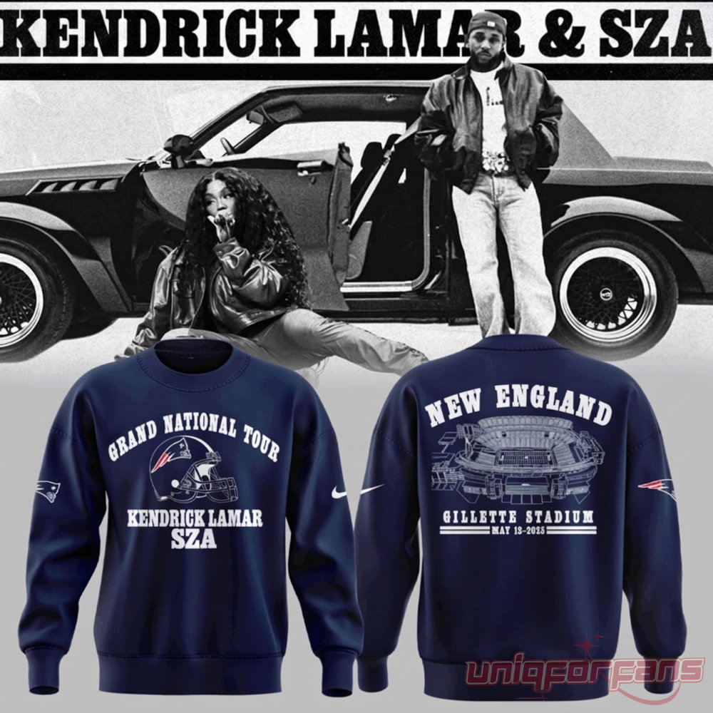Kendrick Lamar SZA Grand National Tour Sweatshirt – navy crewneck with Patriots helmet front and Gillette Stadium New England back