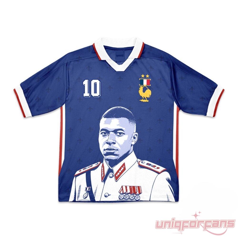 Kylian Mbappe France World Cup 2026 The Dictator Meme Soccer Jersey front view with military uniform graphic and number 10
