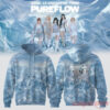 Front and back view of a light blue ice-patterned LE SSERAFIM Pureflow Tour hoodie with a tour poster on the back