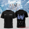 Front and back view of a black LE SSERAFIM Pureflow Tour t-shirt featuring a monochrome member graphic and signatures on the back