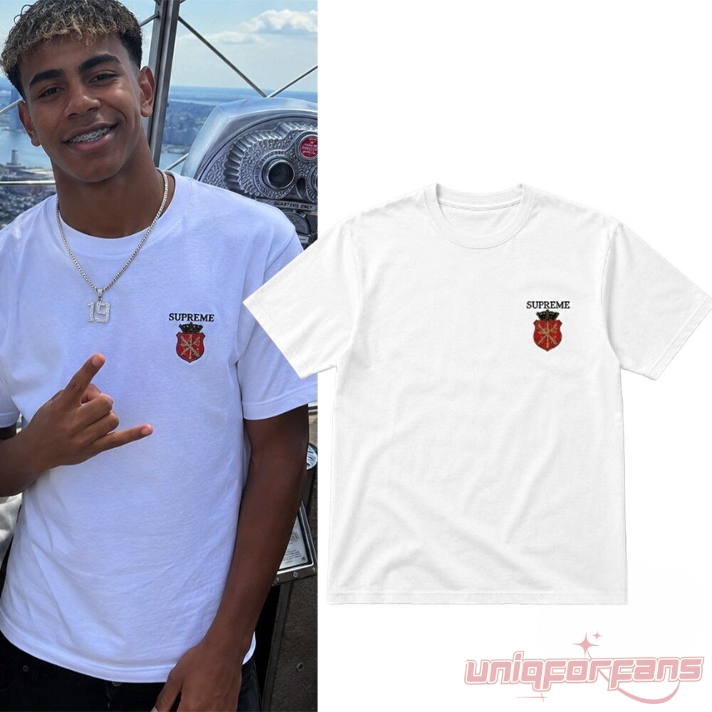 Lamine Yamal Supreme Crest Logo Shirt product side-by-side with Lamine Yamal wearing the white t-shirt