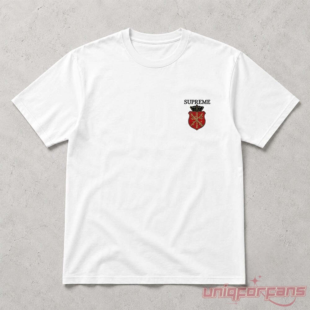 Lamine Yamal Supreme Crest Logo Shirt front view in white featuring a small Supreme crest graphic on the chest