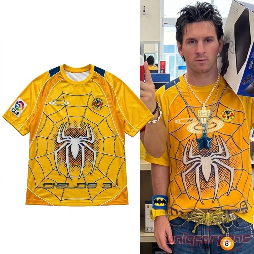 Lionel Messi Club Spider Man Cielos 3 Yellow Jersey featuring yellow spiderweb front print and spider logo graphic
