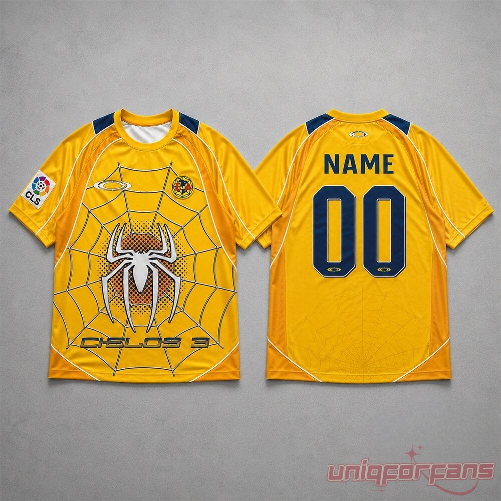 Lionel Messi Club Spider Man Cielos 3 Yellow Jersey showing spiderweb front art and customizable back nameplate
