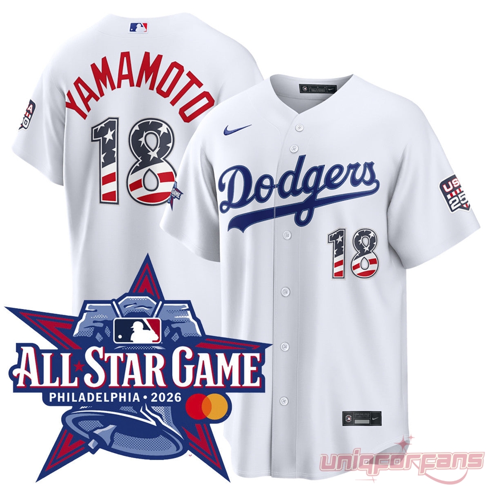 Los Angeles Dodgers Yoshinobu Yamamoto All-Star Game 2026 Edition Jersey in white with USA flag number 18 details