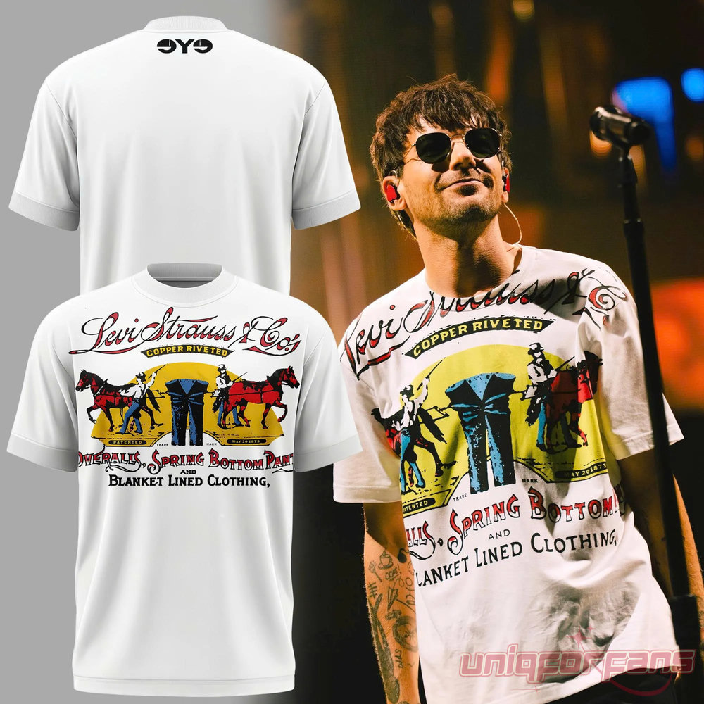 Louis Tomlinson Junya Watanabe x Levis Graphic Printed T-Shirt product mockup next to Louis Tomlinson stage photo