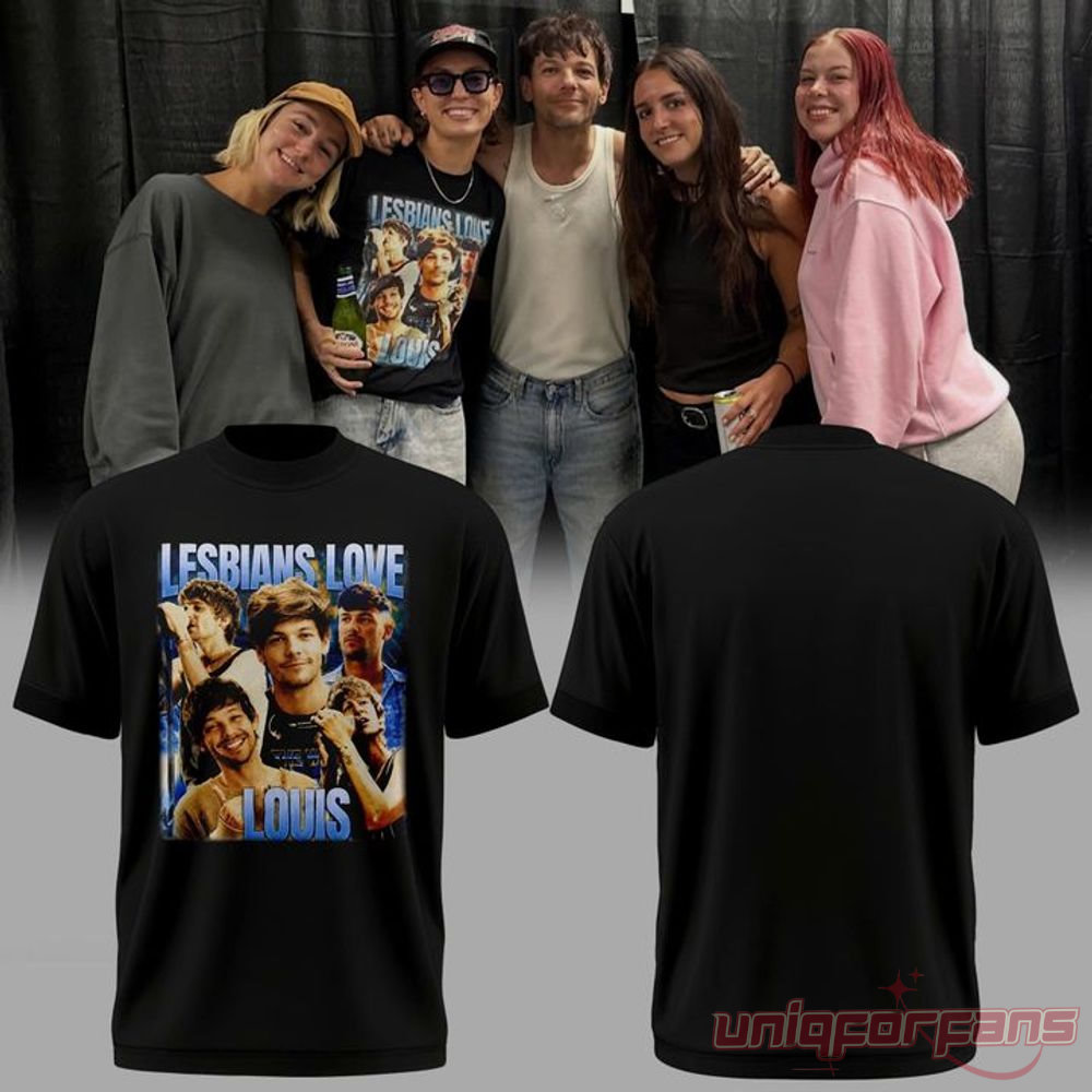 Louis Tomlinson Lesbians Love Louis Tee 2026 – black oversized tee front & back with retro photo collage graphic, worn by fans