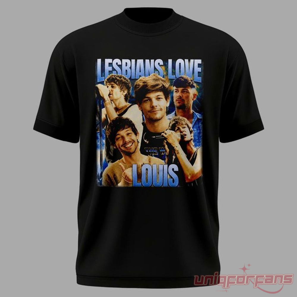 Louis Tomlinson Lesbians Love Louis Tee 2026 – black oversized tee with vintage-style blue photo collage and bold fan graphic