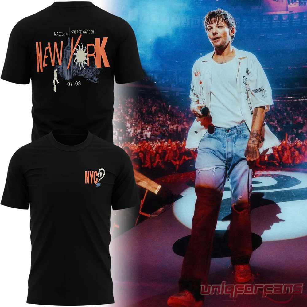 Louis Tomlinson NYC Madison Square Garden T-Shirt black shirt front and back graphics beside Louis Tomlinson concert photo