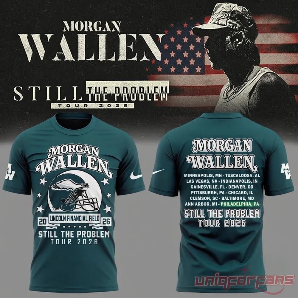 Morgan Wallen Philadelphia Eagles tour shirt front and back view in midnight green showing 2026 tour dates