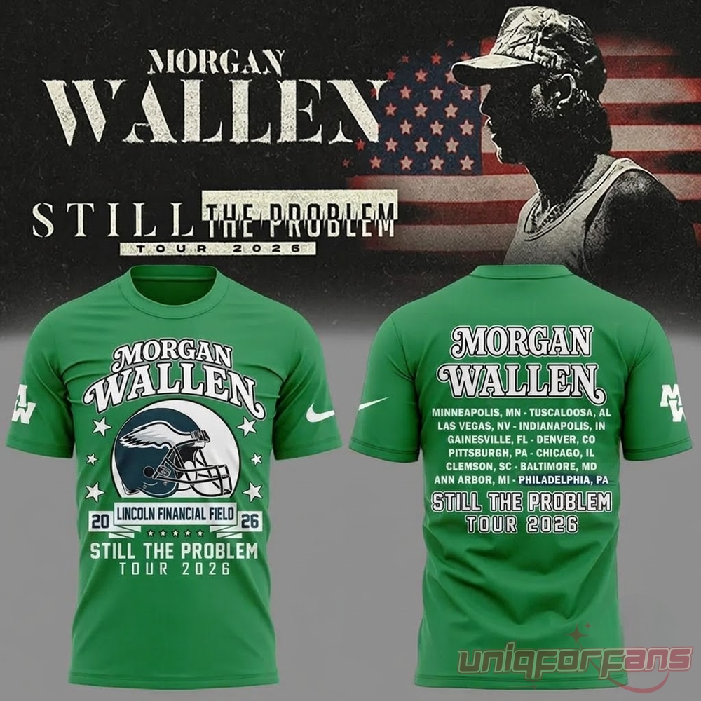 Morgan Wallen Philadelphia Eagles tour shirt front and back view in kelly green with 2026 tour schedule