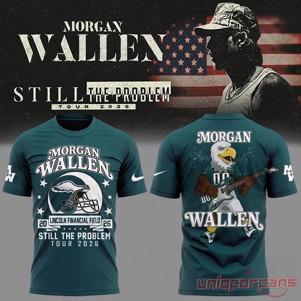 Morgan Wallen Philadelphia Eagles tour shirt midnight green back featuring Eagles mascot playing guitar