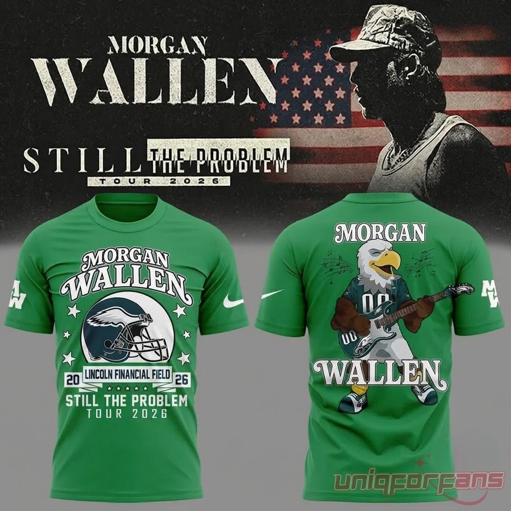 Morgan Wallen Philadelphia Eagles tour shirt kelly green back showing Eagles mascot playing guitar graphic