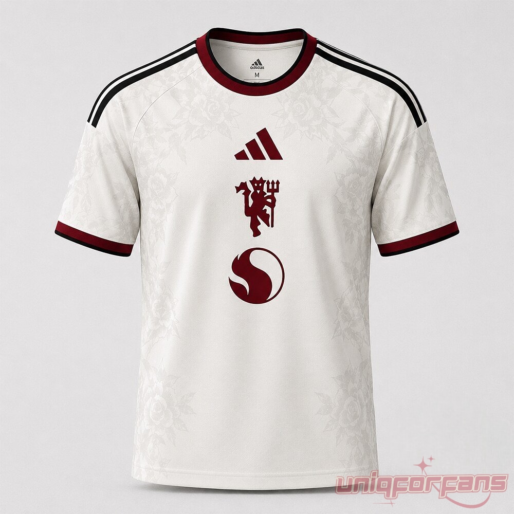 Manchester United 2026 Third Soccer Jersey with off-white floral pattern, maroon centered crest, and black sleeve stripes