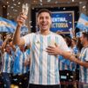 Messi Gold Stripe Argentina Jersey 39th Birthday edition, on-body front view showcasing the white and gold fit