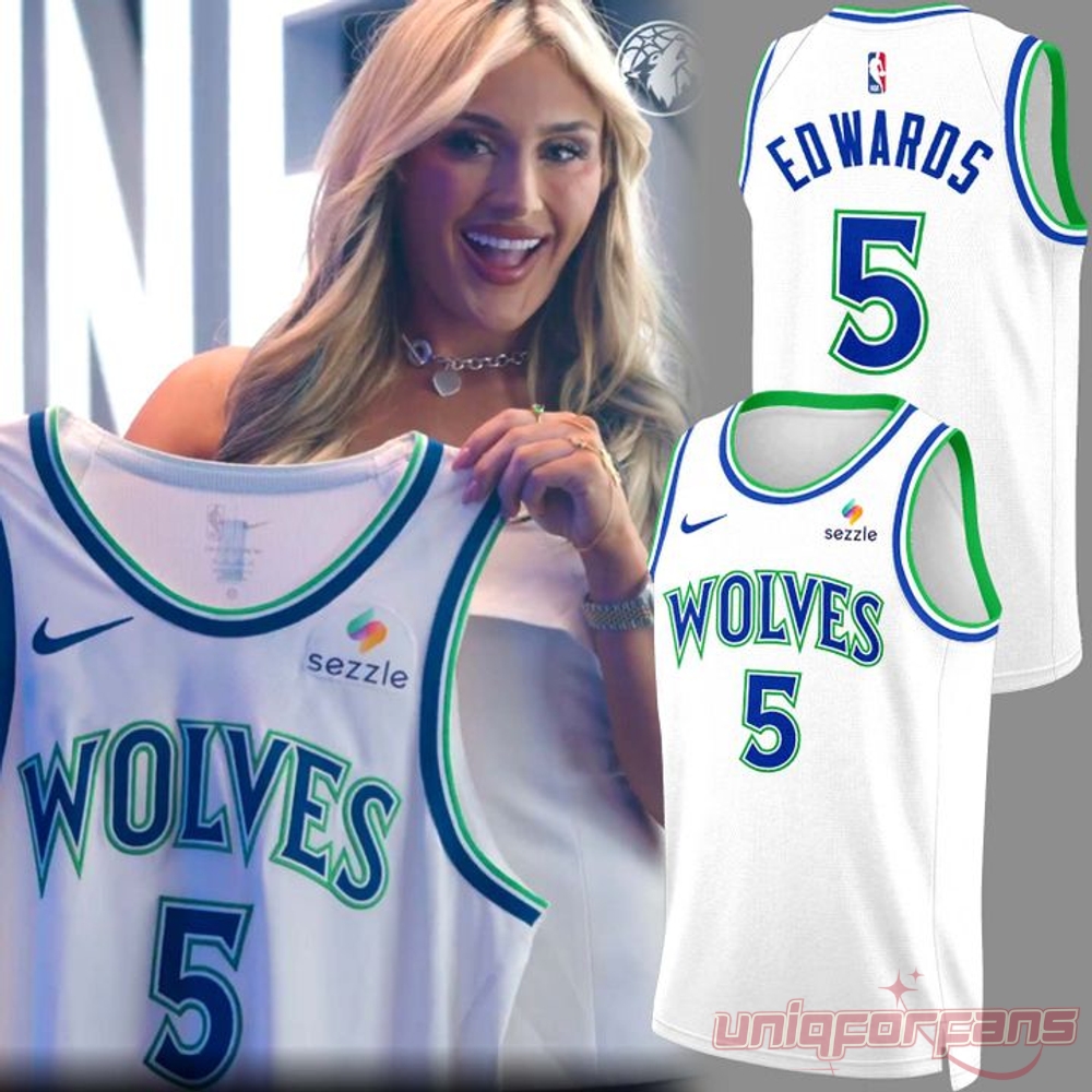 Minnesota Timberwolves Anthony Edwards #5 2026 Jersey held by model with front and back jersey mockups.