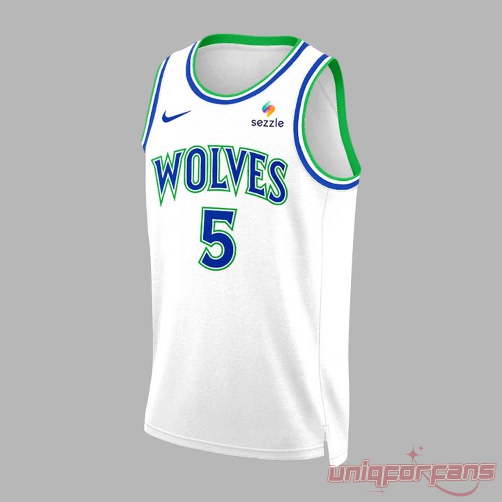 Minnesota Timberwolves Anthony Edwards #5 2026 Jersey front view in white with green and blue WOLVES text.