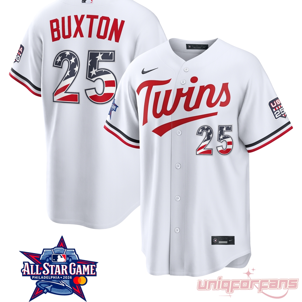 Minnesota Twins Byron Buxton All-Star Game 2026 Edition Jersey in white with USA flag number 25 font details