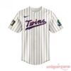 Minnesota Twins Field of Dreams 2026 Jersey – cream pinstripe front with Twins script logo, Field of Dreams and sponsor sleeve patches