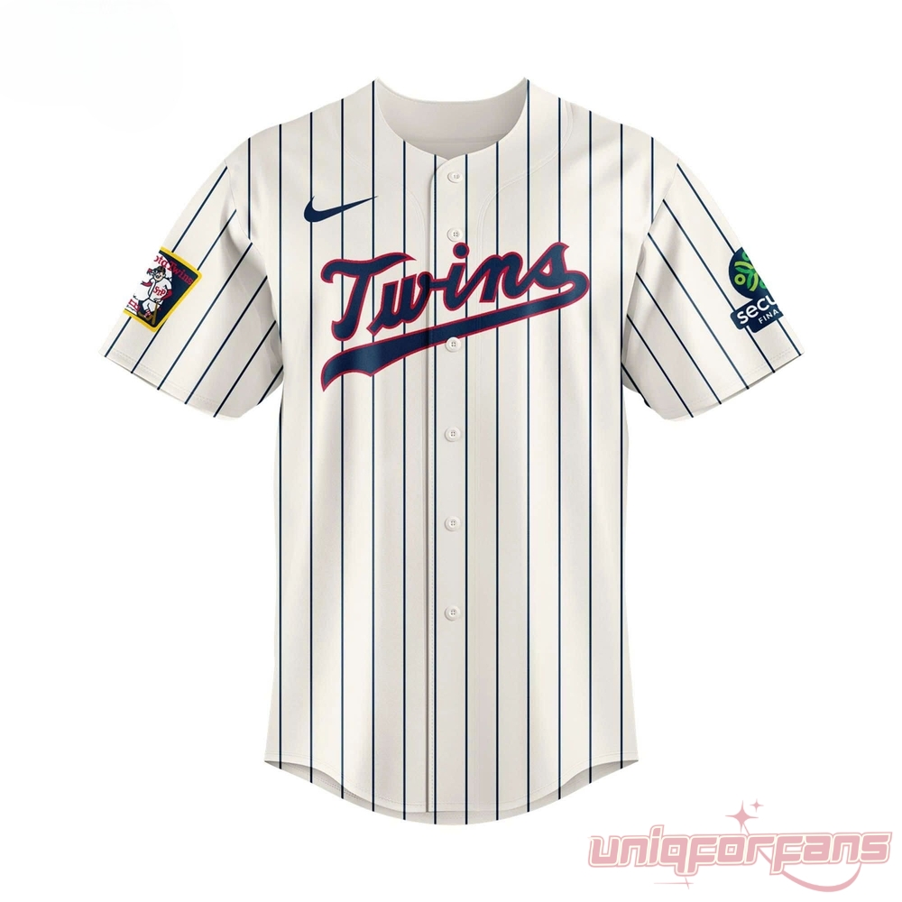 Minnesota Twins Field of Dreams 2026 Jersey – cream pinstripe front with Twins script logo, Field of Dreams and sponsor sleeve patches