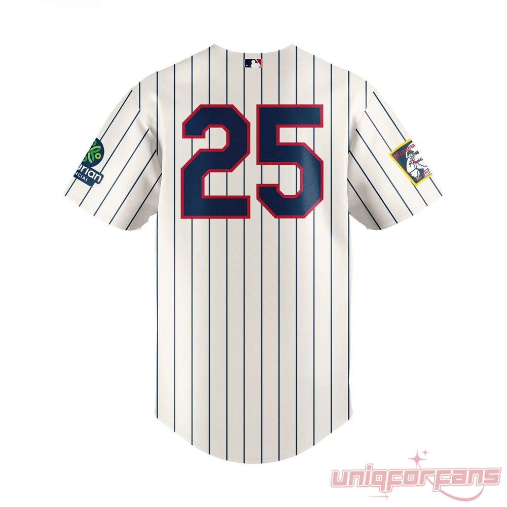 Minnesota Twins Field of Dreams 2026 Jersey – cream pinstripe back with bold navy number 25 and Field of Dreams sleeve patch