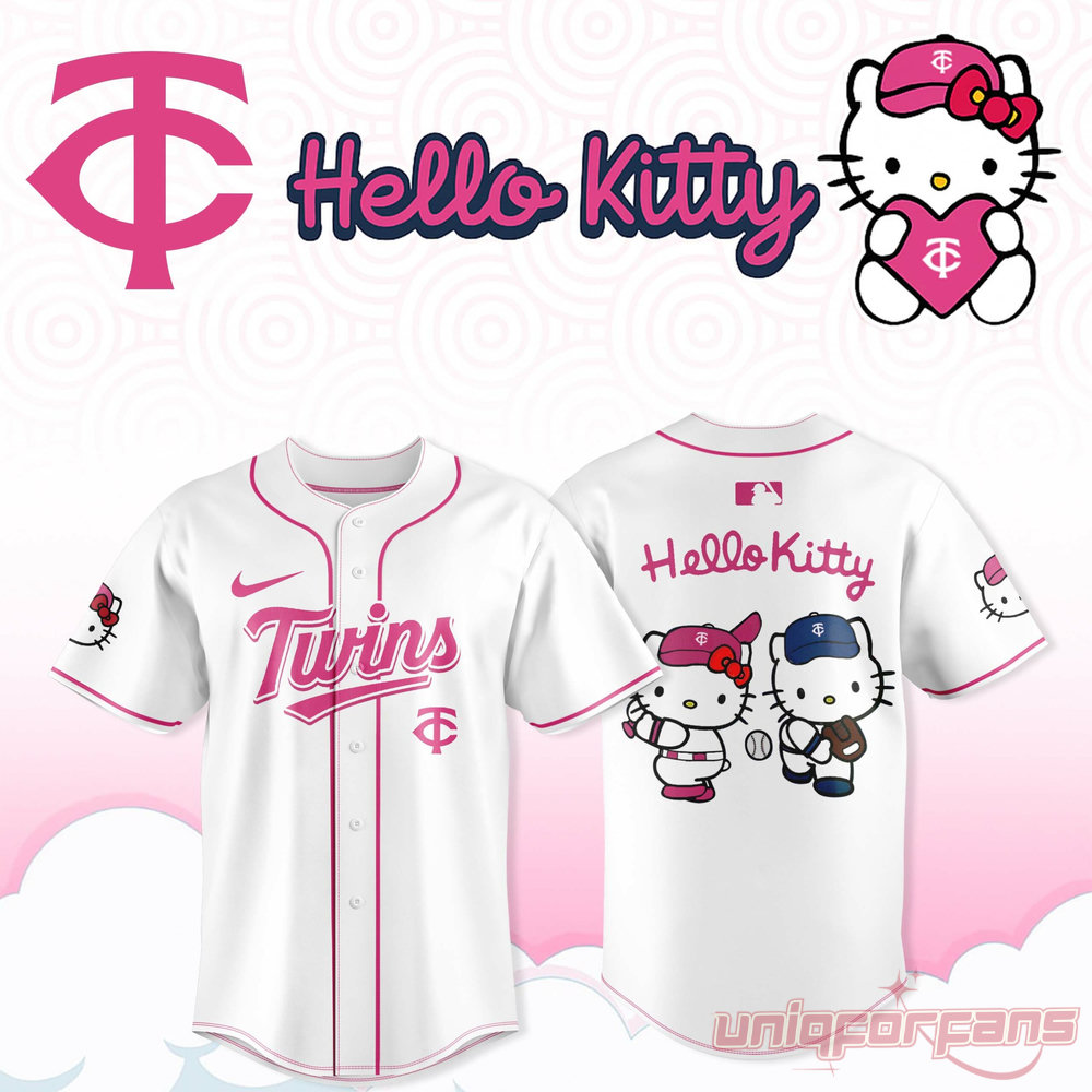 Minnesota Twins Hello Kitty jersey white edition showing front and back view with Hello Kitty character art