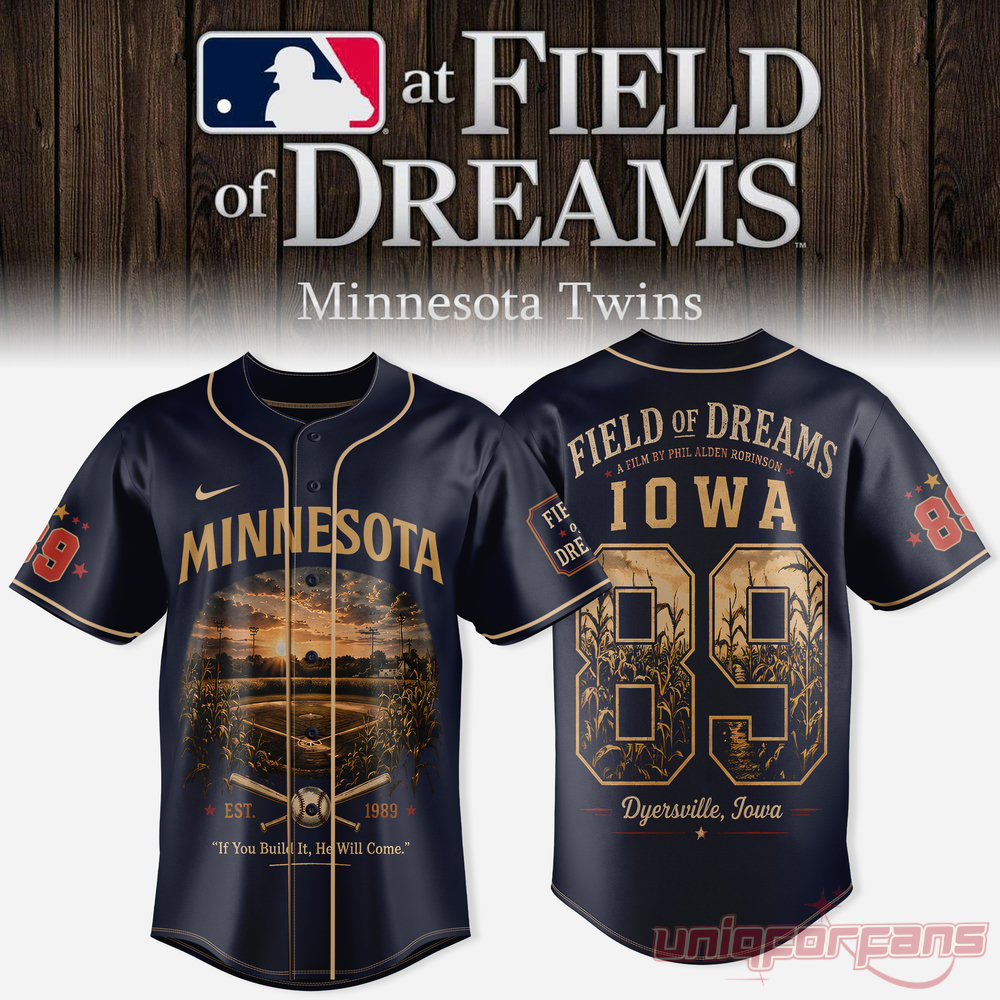 Minnesota Twins Field of Dreams Jersey 1989 Dyersville Edition, navy baseball jersey with gold accents and cornfield art