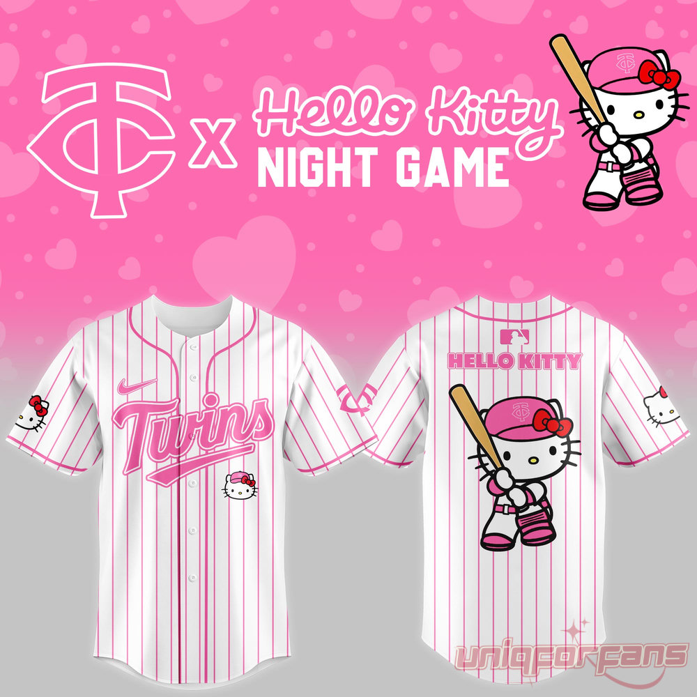 Minnesota Twins Hello Kitty jersey pink striped edition showing front and back view with Hello Kitty graphic