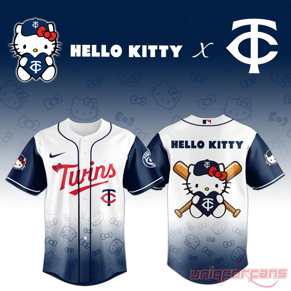 Minnesota Twins x Hello Kitty Night 2026 Special Edition Jersey, white and blue gradient baseball jersey with character graphics