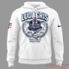 Front view of the white Minnesota Twins x Ludacris pullover hoodie, featuring concert graphics and a kangaroo pocket
