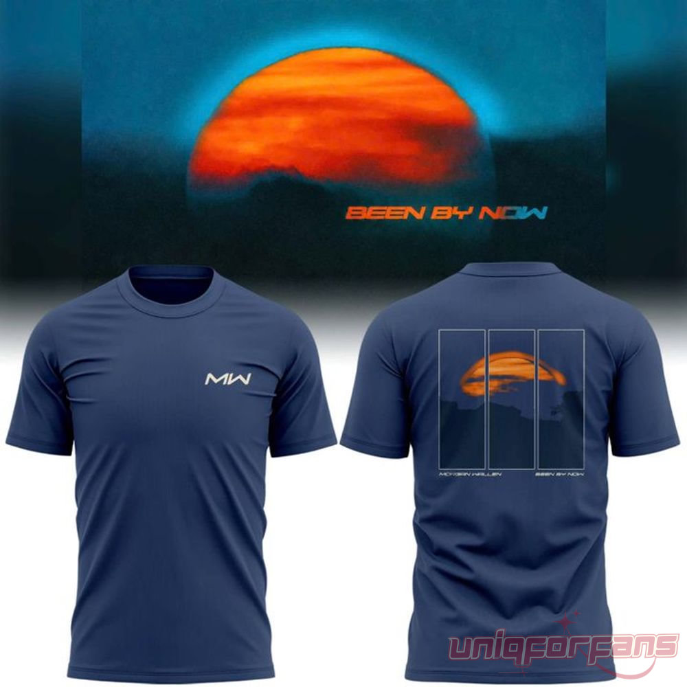 Morgan Wallen Been By Now Special Edition Tee – navy blue tee front & back with MW logo and orange sunset triple panel back graphic