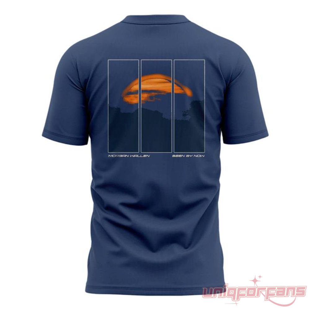 Morgan Wallen Been By Now Special Edition Tee – navy blue back with orange sunset triple panel Been By Now album art graphic