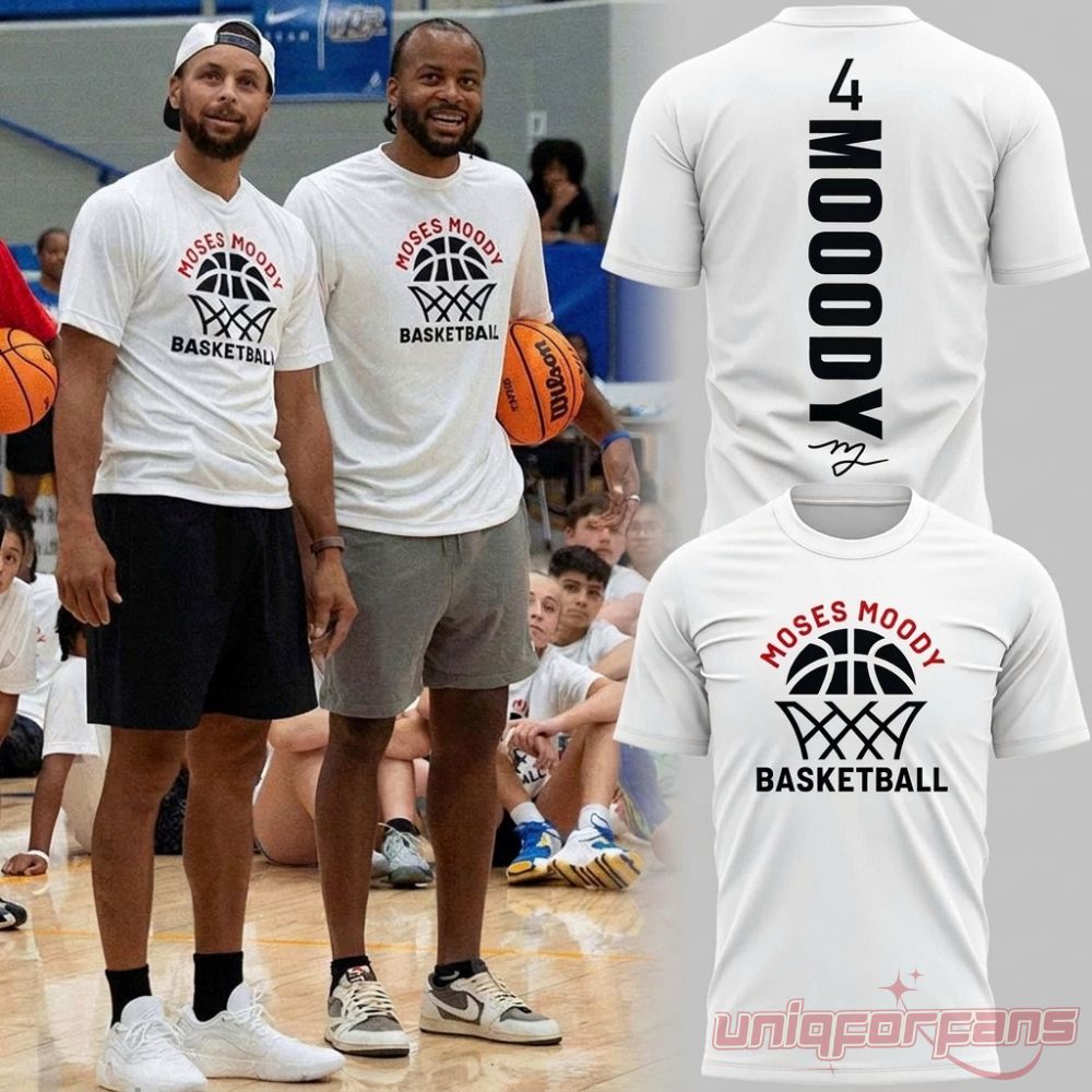 Moses Moody Basketball NBA Golden State Warriors Shirt worn on court with Steph Curry alongside product mockups