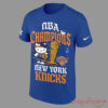 NY Knicks 2026 NBA Finals Champs Hello Kitty Blue T-Shirt front graphic featuring Hello Kitty and the Larry O'Brien trophy