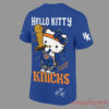 NY Knicks 2026 NBA Finals Champs Hello Kitty Blue T-Shirt back design showing Hello Kitty holding a basketball trophy