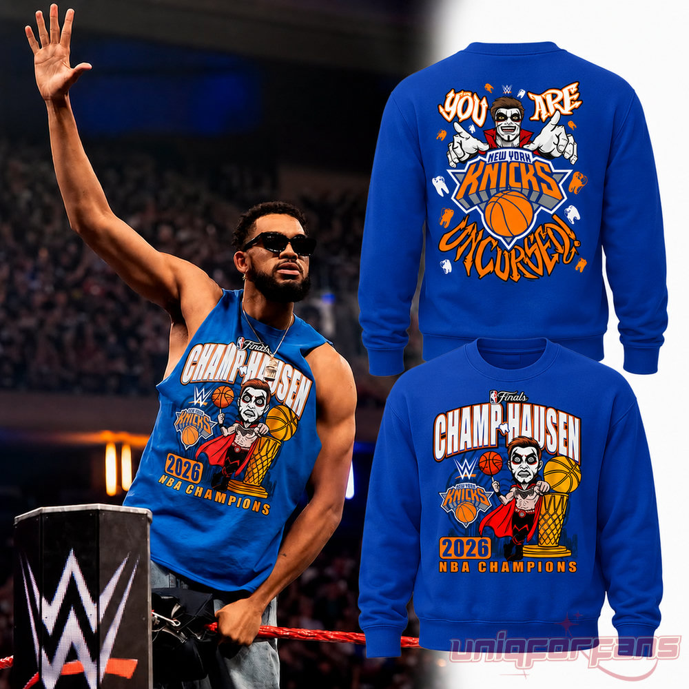NYK x Danhausen 2026 NBA Champions Sweatshirt in blue featuring Champ-Hausen graphic and You Are Uncursed back print