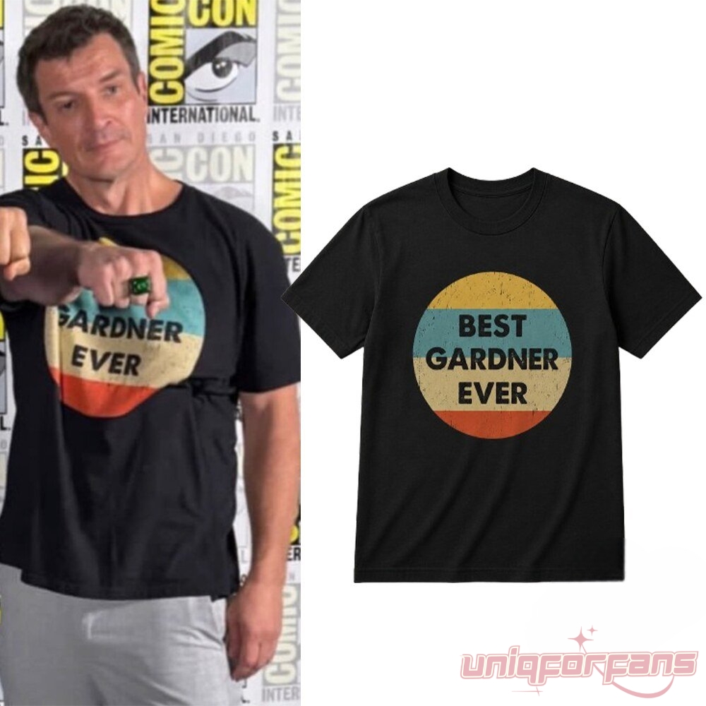 Nathan Fillion At SDCC 2026 Best Gardener Ever Shirt featuring a black tee with vintage colorful retro circle graphic