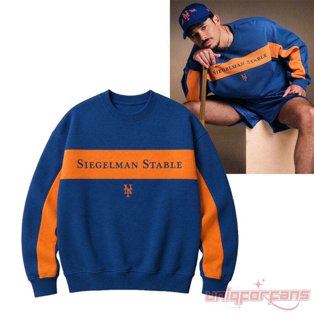 New York Mets Anthony Ramos Siegelman Stable Sweatshirt in royal blue with orange chest stripe, worn by Anthony Ramos