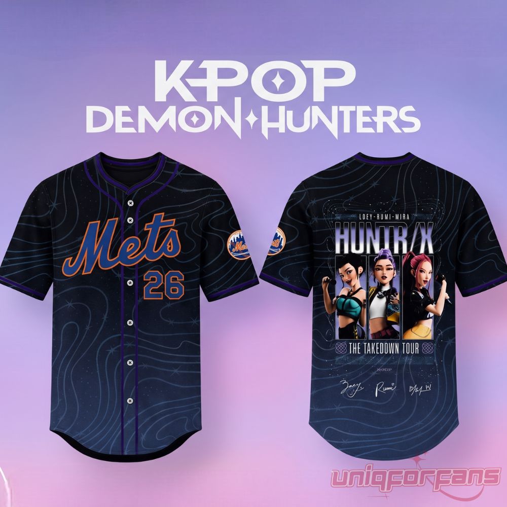 New York Mets KPop Demon Hunters Night 2026 Limited Giveaway Jersey, front and back view with movie promo banner