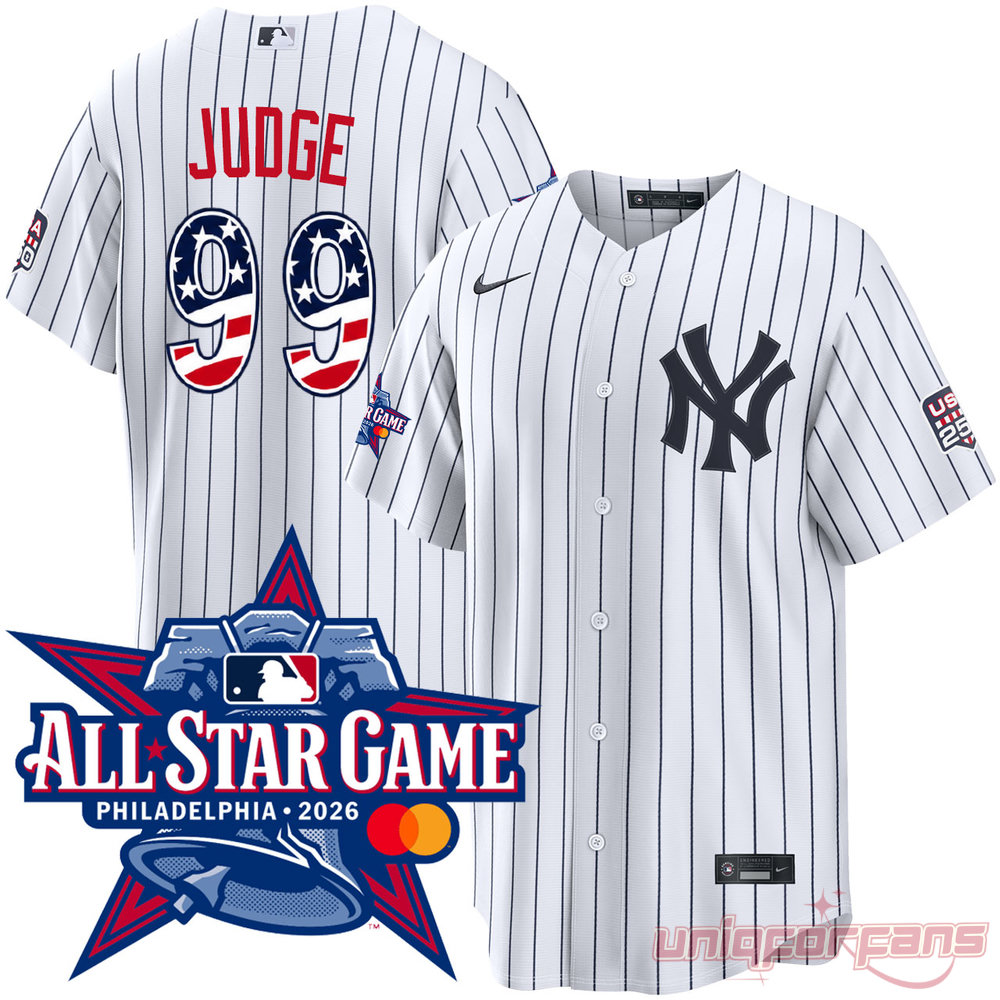 New York Yankees Aaron Judge All-Star Game 2026 Edition Jersey in navy pinstripes with USA flag number 99 graphics