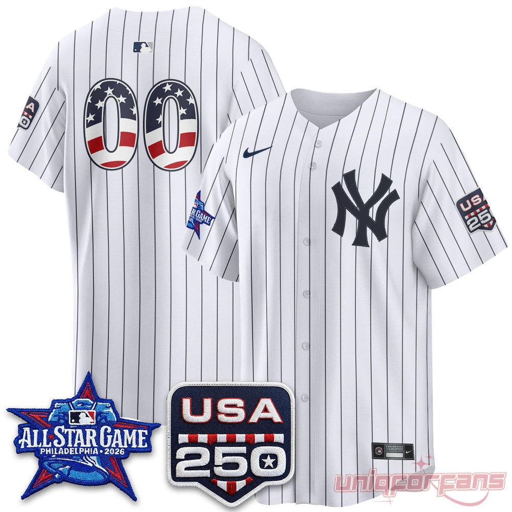New York Yankees All-Star Game 2026 Jersey in white pinstripe with USA 250 and star-spangled 00 print