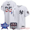 New York Yankees All-Star Game 2026 MVP Edition Jersey in white pinstripe with USA 250 sleeve patch and MVP 35 print