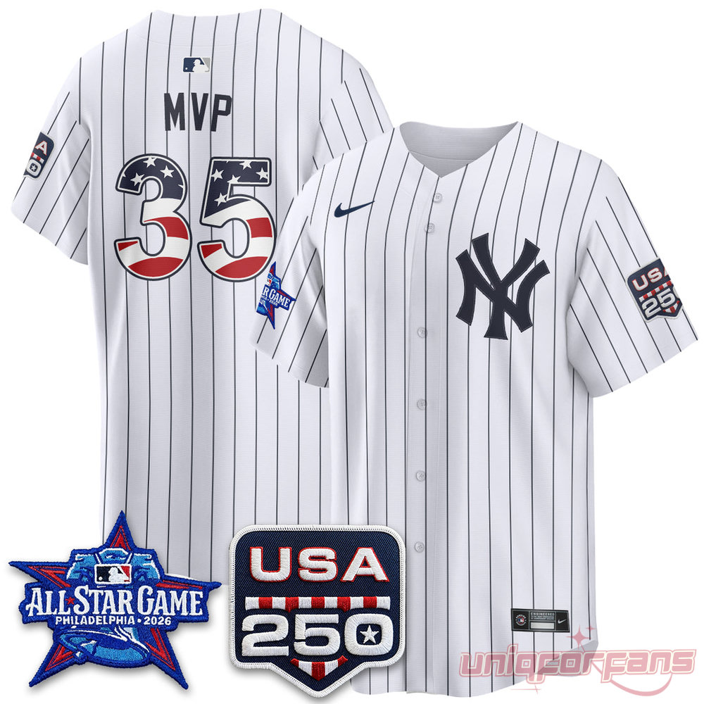 New York Yankees All-Star Game 2026 MVP Edition Jersey in white pinstripe with USA 250 sleeve patch and MVP 35 print