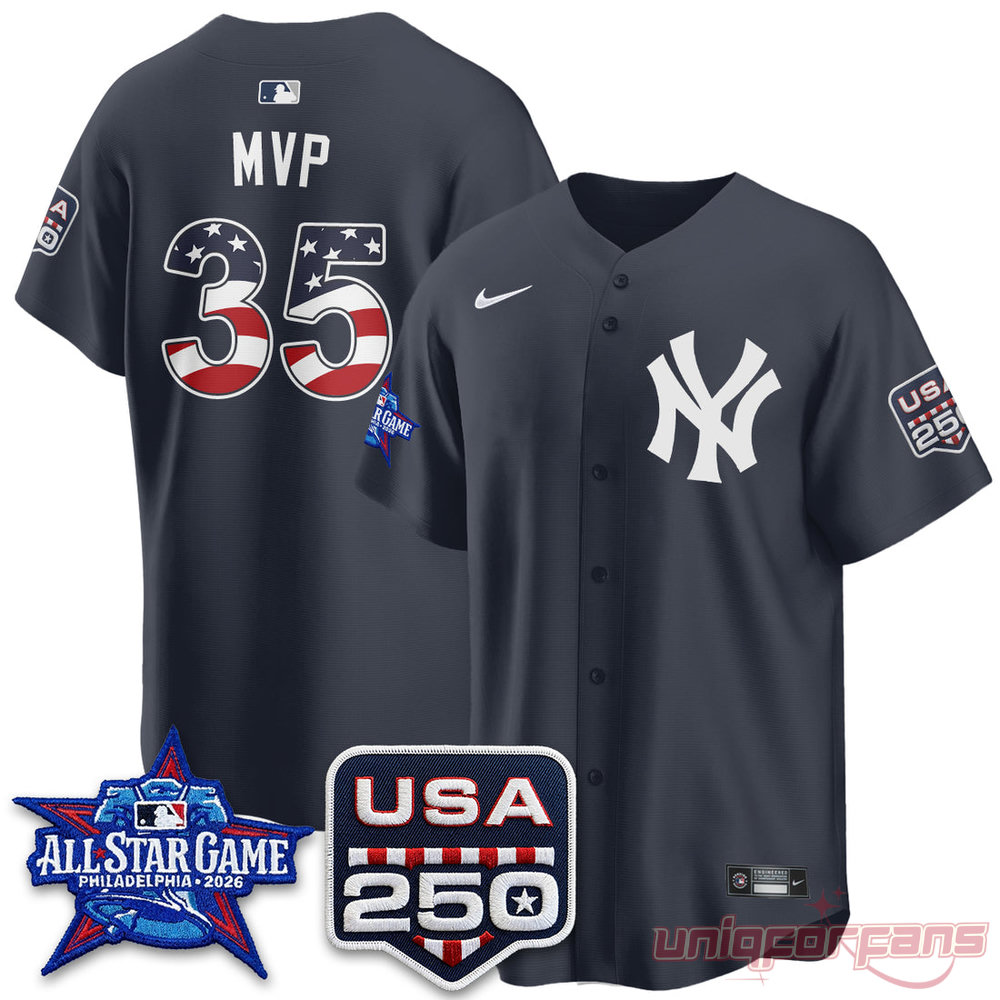 New York Yankees All-Star Game 2026 MVP Edition Jersey in navy blue with USA 250 patch and flag-filled MVP 35 back print