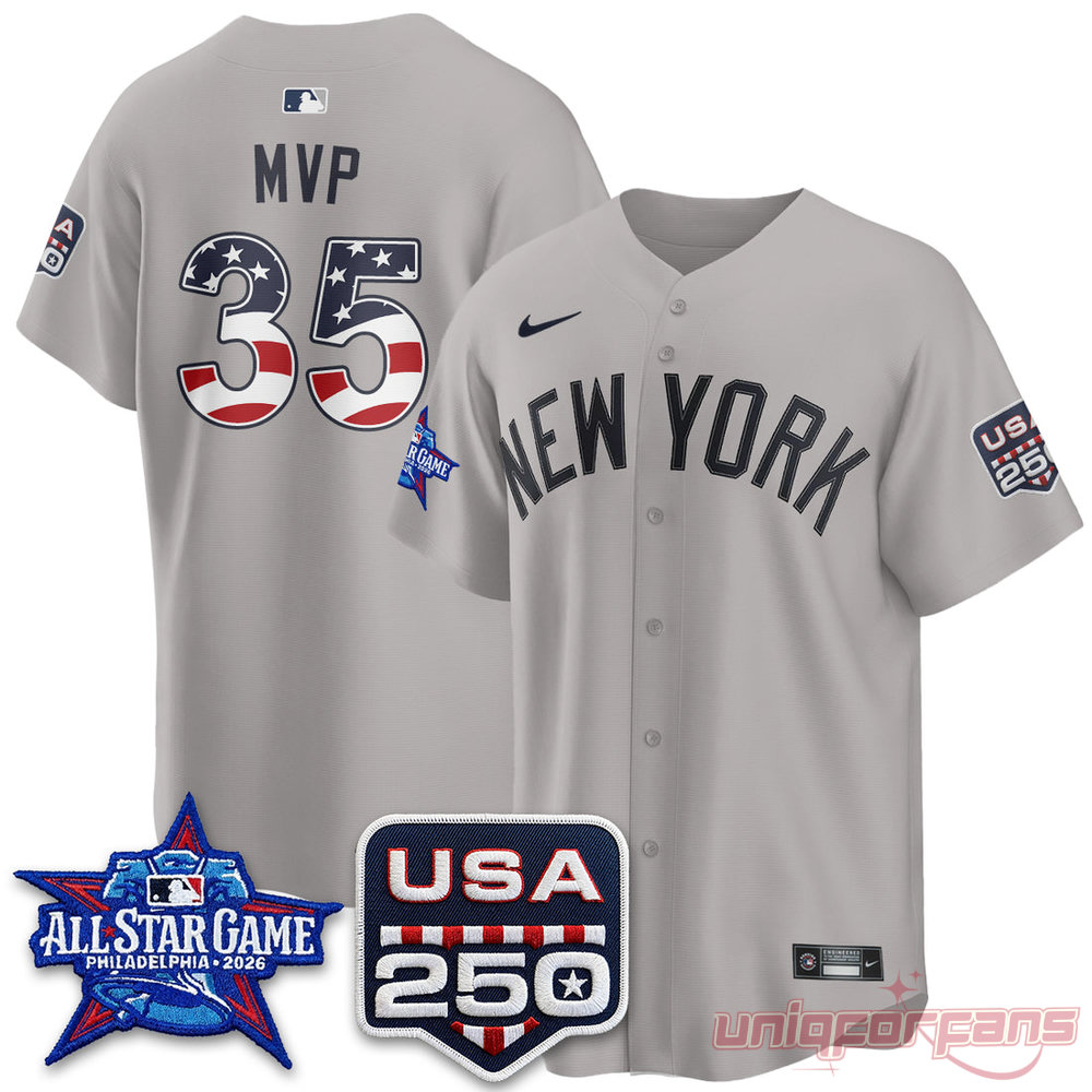 New York Yankees All-Star Game 2026 MVP Edition Jersey in grey road style featuring USA 250 sleeve patches & MVP 35 back