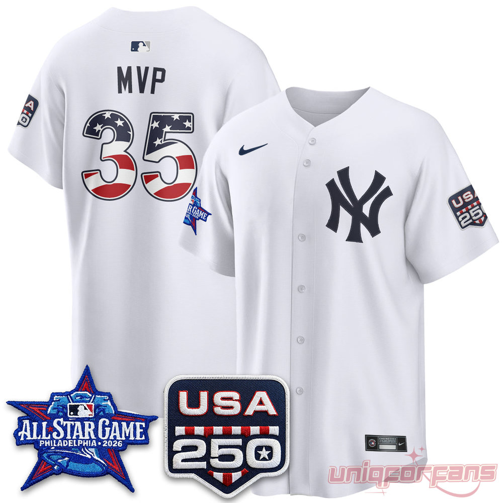 New York Yankees All-Star Game 2026 MVP Edition Jersey in solid white with custom USA 250 patch and MVP 35 graphic print