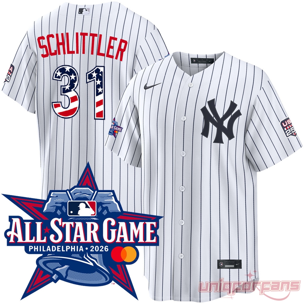 New York Yankees Cam Schlittler All-Star Game 2026 Edition Jersey in navy pinstripes with USA flag number 31 graphics